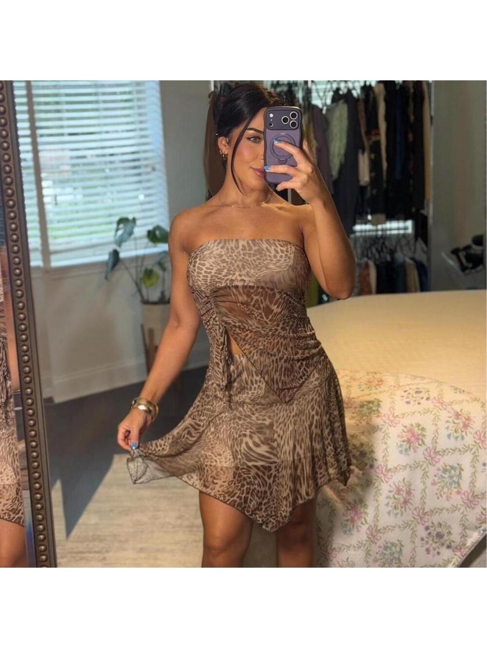 See You Monday Brown Animal Print Mesh Strapless Mini Dress Y2K M